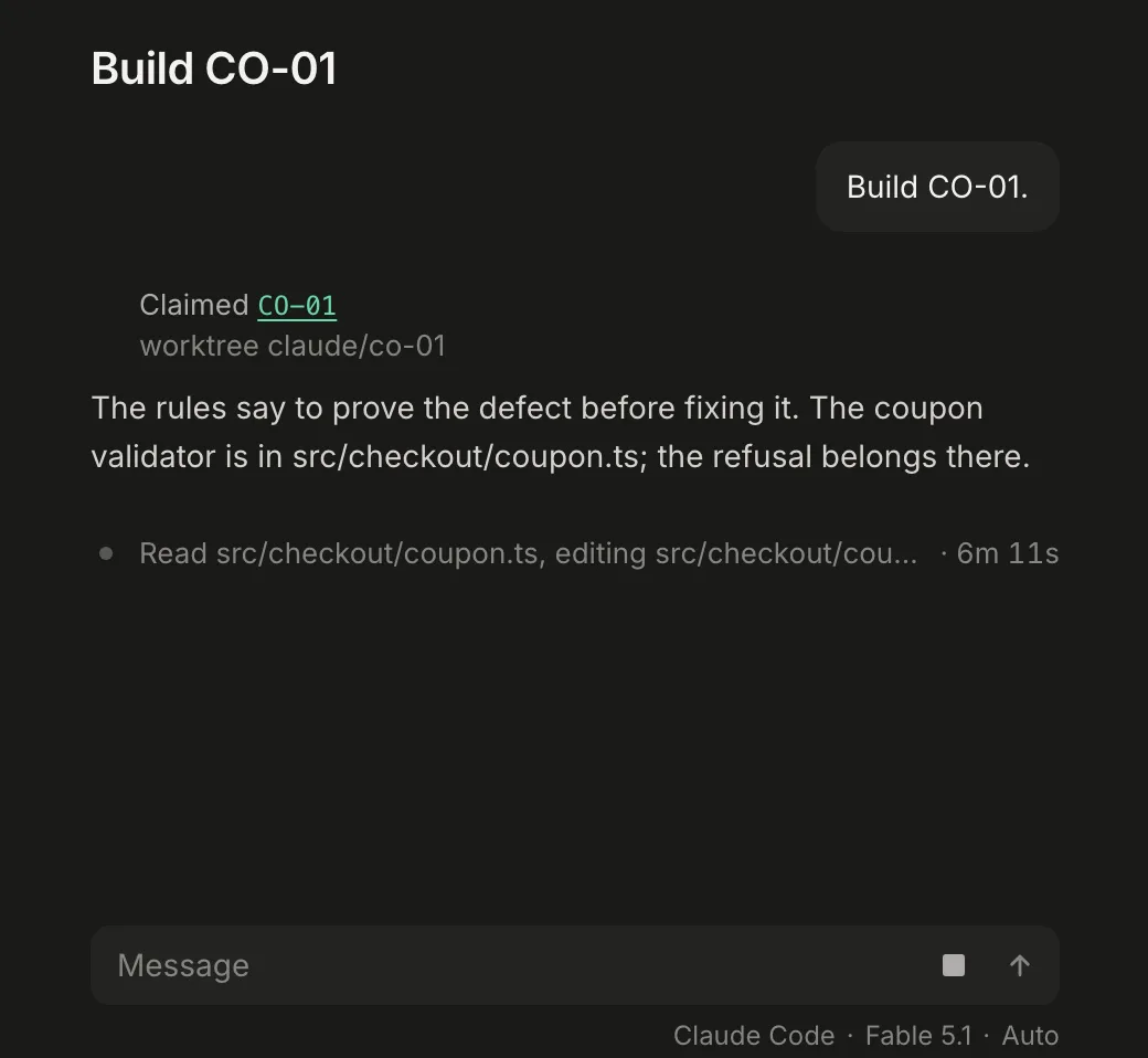 Build CO-01's session, the claim, then Claude's line "The rules say to prove the defect before fixing it…" and its first read and edit
